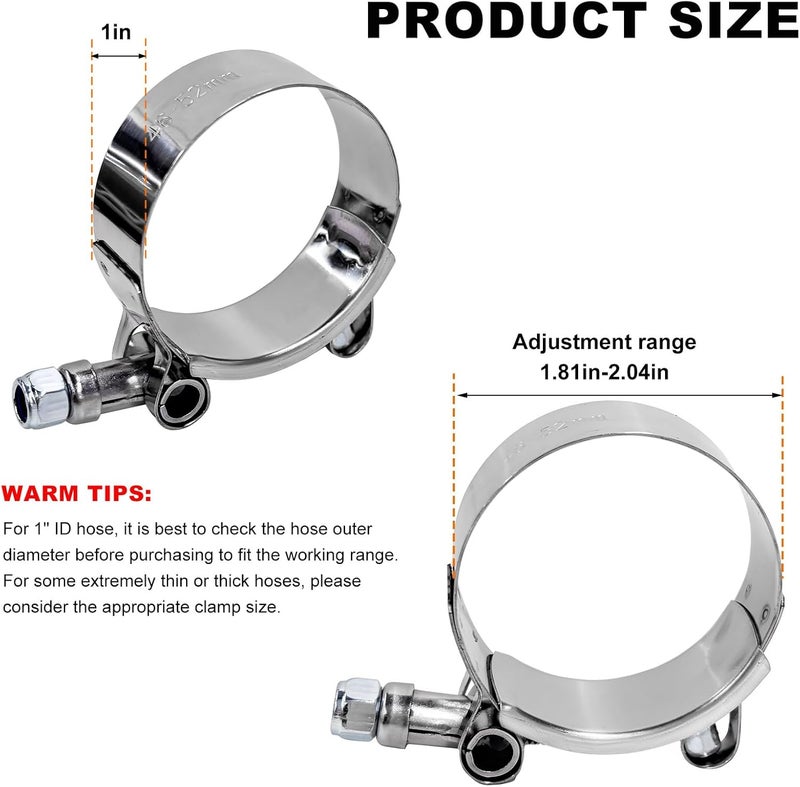 Wevdn 4PCS 1.5" T-Bolt Hose Clamp, Stainless Steel Tube Clamp with 46mm-52mm ID Range, Heavy-Duty Adjustable T-Bolt Turbo Intake Clamp for 1.5" Hose ID, Radiator Hose Clamp - Image 2